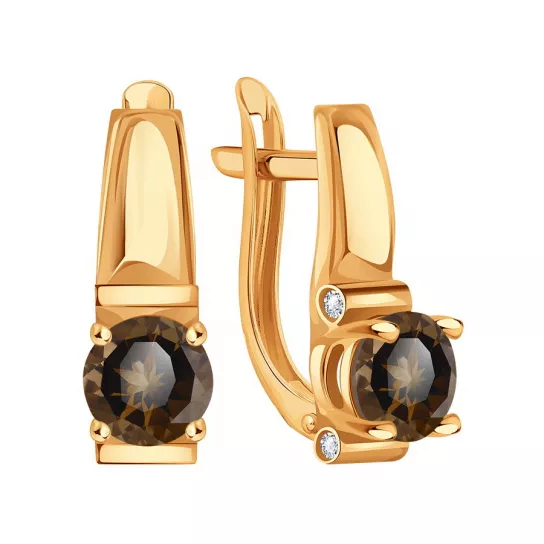 Серьги с фианитом и раухтопазом из золота